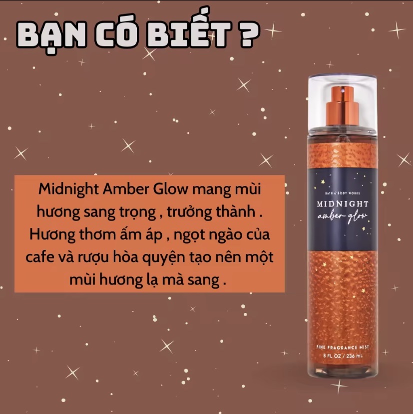 Body Mist Midnight Amber Glow 236ml - Bath and Body Work Midnight Amber Glow Chính Hãng