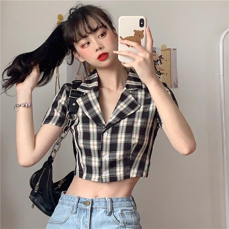 Áo croptop sơ mi cổ vest kẻ caro cao cấp dành cho nữ