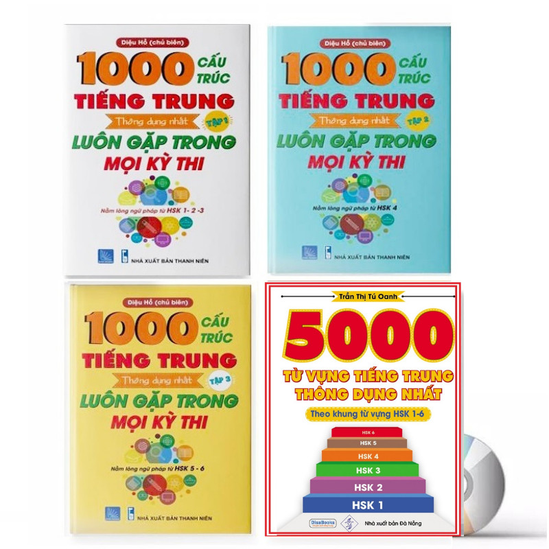 Combo 4 sách : 1000 Cấu Trúc Tiếng Trung Thông Dụng Nhất Luôn Gặp Trong Mọi Kỳ Thi Tập 1 + Tập 2 + Tập 3 và  5000 từ vựng tiếng Trung thông dụng nhất  từ HSK1 đến HSK6 DVD