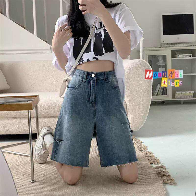 Quần Short Jean Ngố Đùi Rách Gối Cạp Cao Ống Rộng Ulzzang - MM