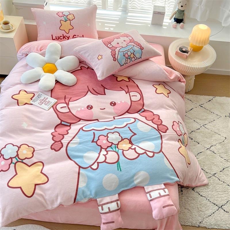 Bộ Chăn Ga Gối Nỉ Nhung Sữa Hàng Nhập Khẩu Cao Cấp 4 Món Hình Đáng Yêu Cho Các Bé