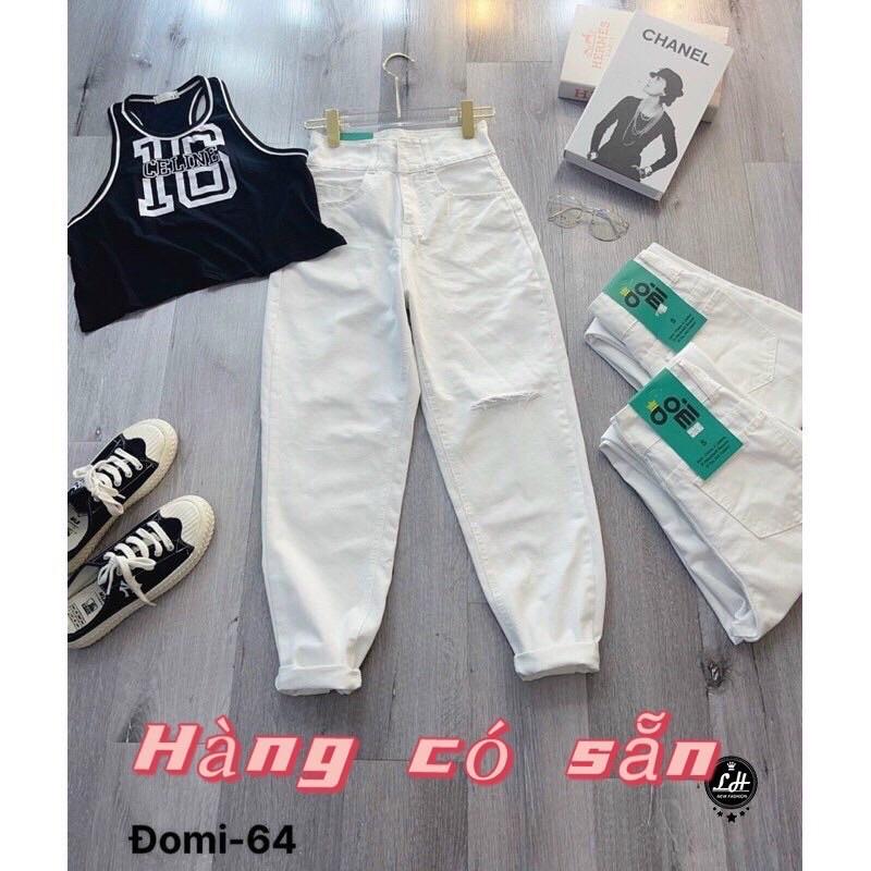 Quần baggy jean màu trắng rách gối Lê Huy fashion Ms 64