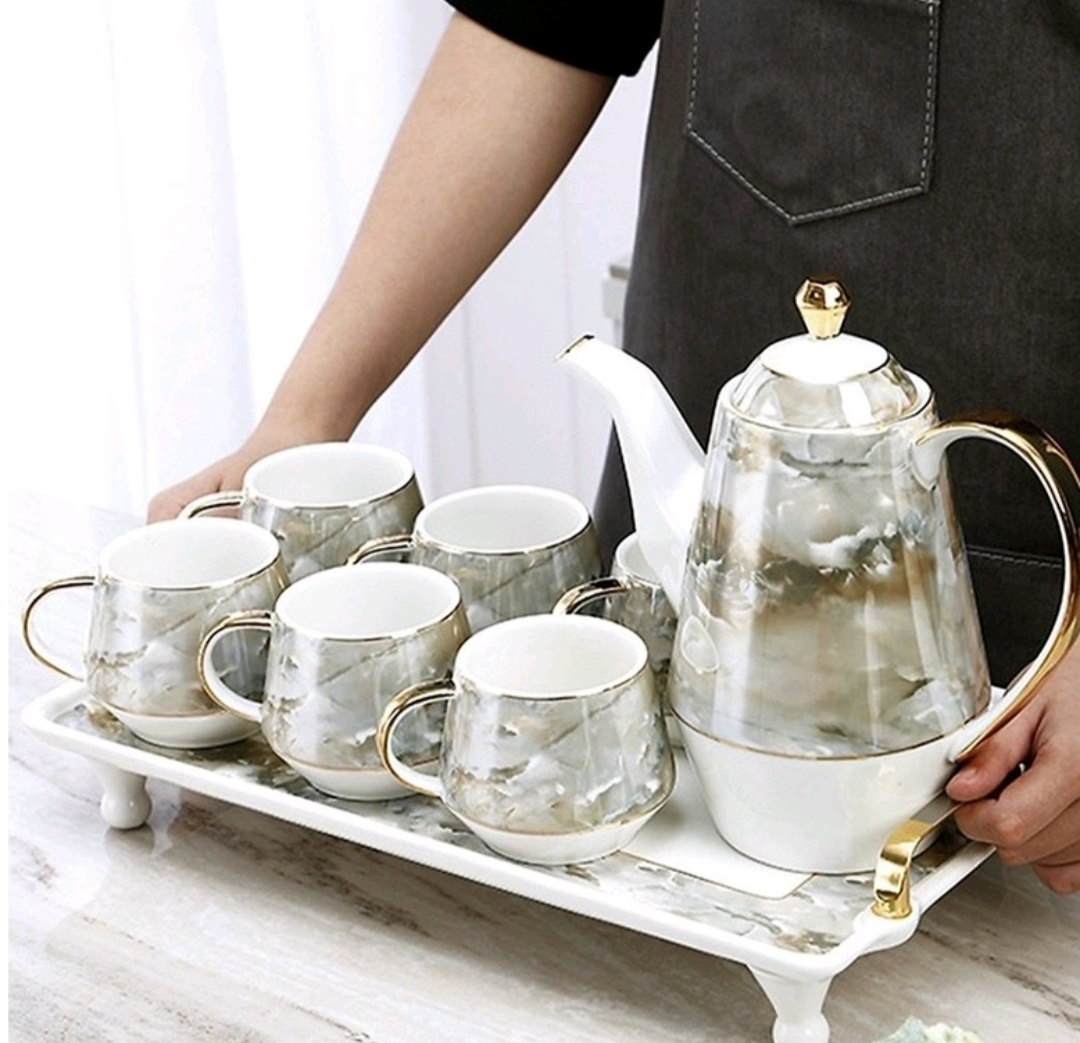 Bộ ấm chén sứ vân đá cẩm thạch cao cấp phong cách châu Âu