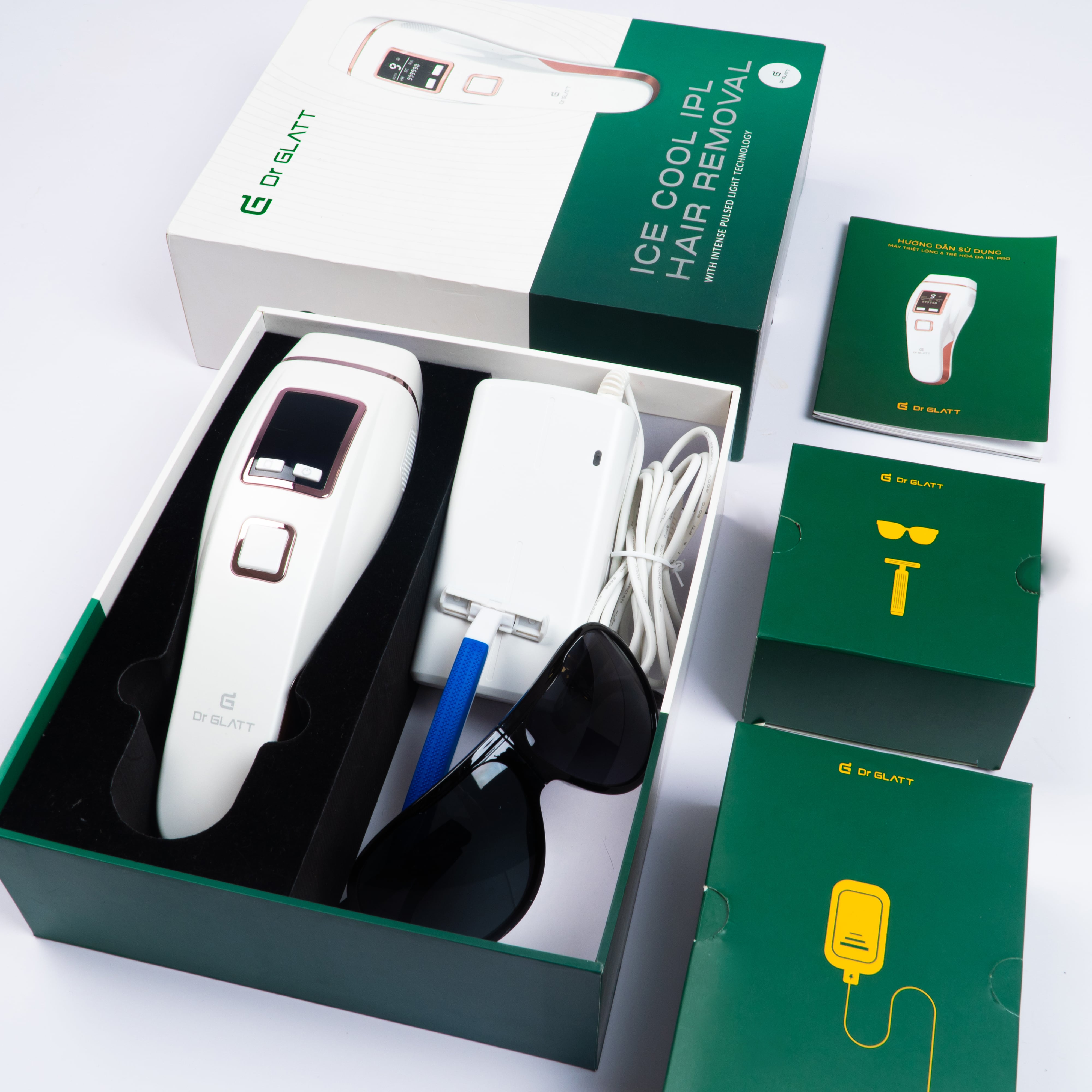 Set máy dưỡng da đa năng - máy triệt lông mini & trị mụn, máy rửa mặt & tẩy trang, máy massage mặt & nâng cơ DR GLATT