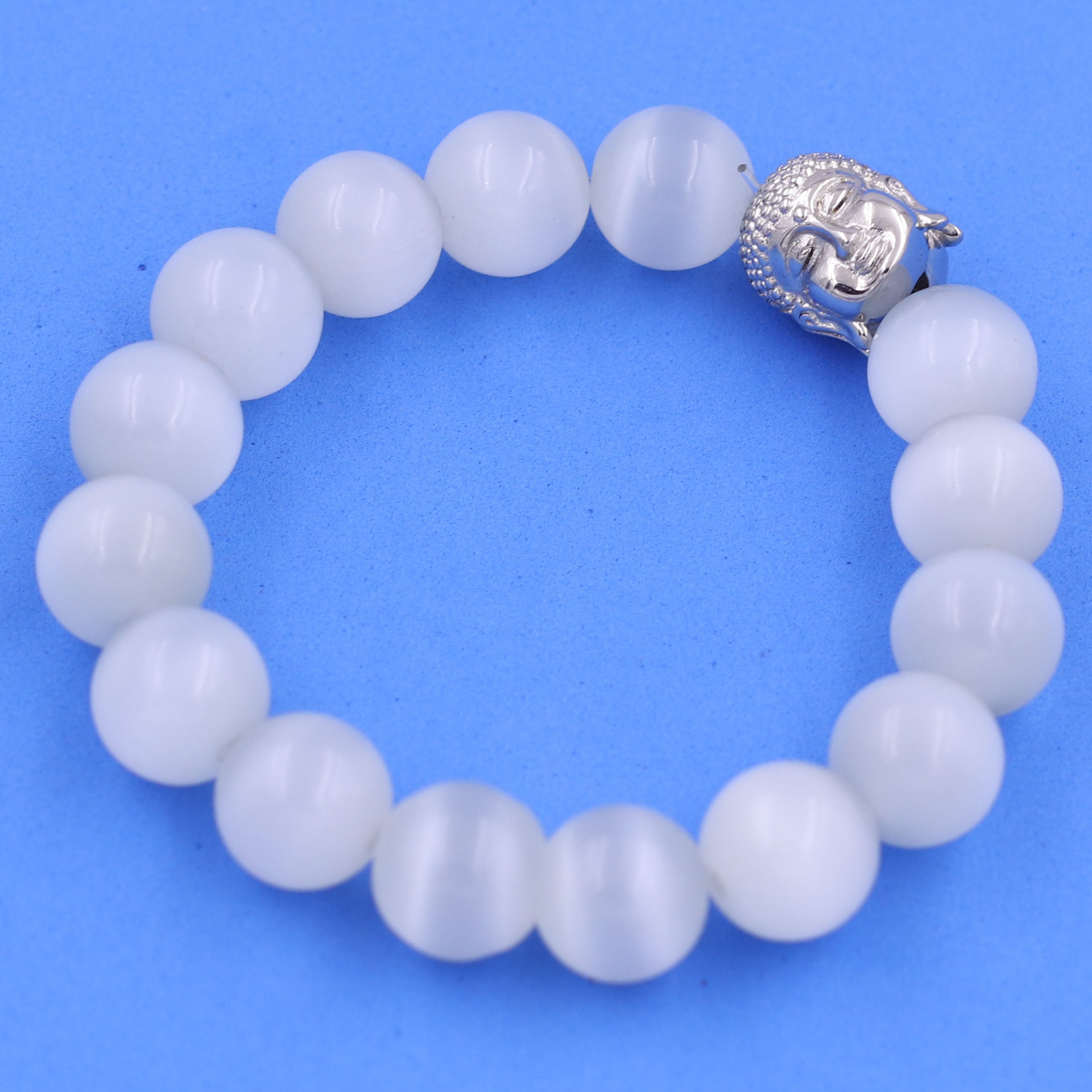 Vòng chuỗi đeo tay đá mắt mèo trắng 12 ly charm đầu Phật Như lai inox, Như lai Phật tổ, vòng chuỗi phong thủy, A DI ĐÀ