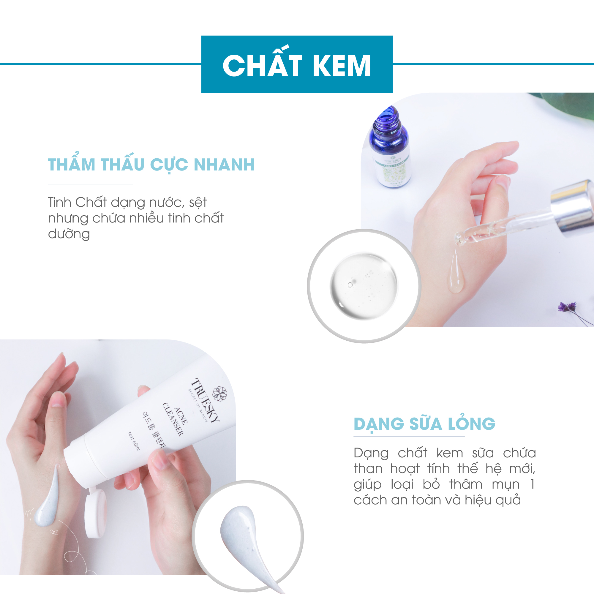 Bộ ngừa mụn da mặt Truesky Premium gồm 1 serum ngừa mụn tràm trà 20ml + 1 sữa rửa mặt tạo bọt than hoạt tính 60ml