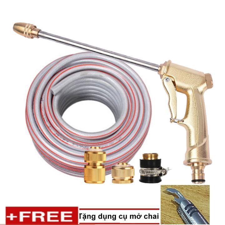 ️ Bộ dây vòi xịt nước rửa xe, tưới cây, tăng áp 3 lần, loại 20m 206701-3 đầu đồng,cút đồng+tặng mở chai