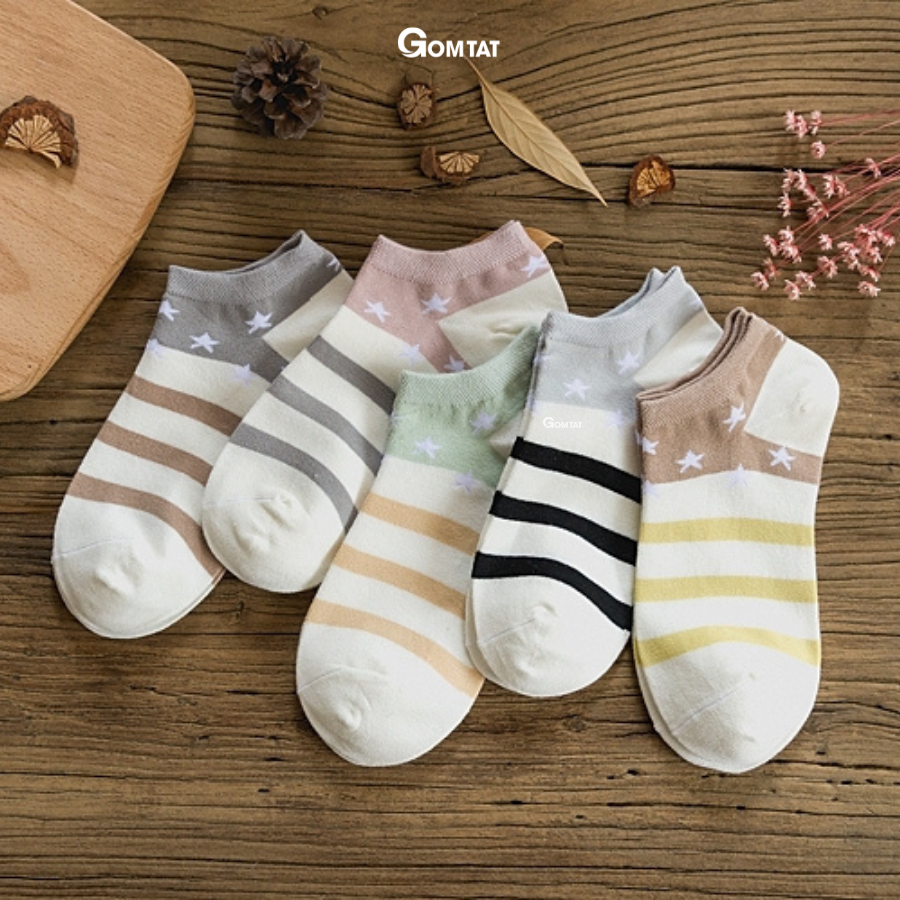 Tất vớ Nữ cổ ngắn, combo 5 đôi họa tiết sọc ngang CB002