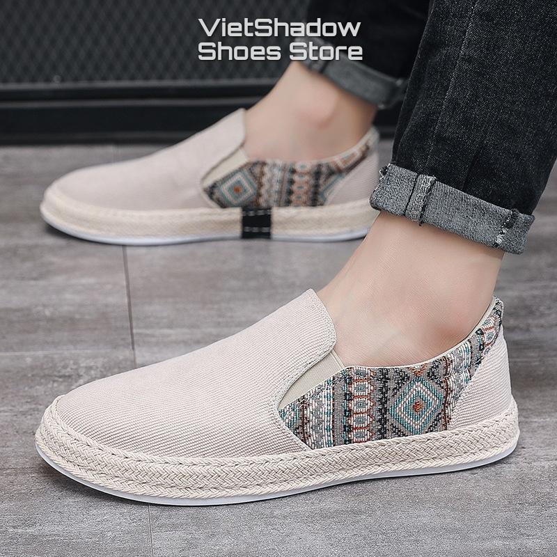 Slip on - Giày lười vải nam - Chất liệu nhung tăm phối vải họa tiết thổ cẩm, bo viền cói - Mã SP E015/E016