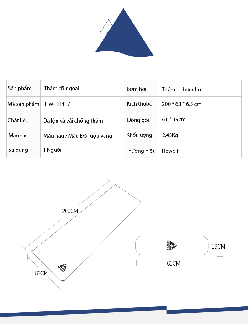 Thảm dã ngoại, thảm ngủ đơn da lộn tự bơm hơi. Hewolf-D1407