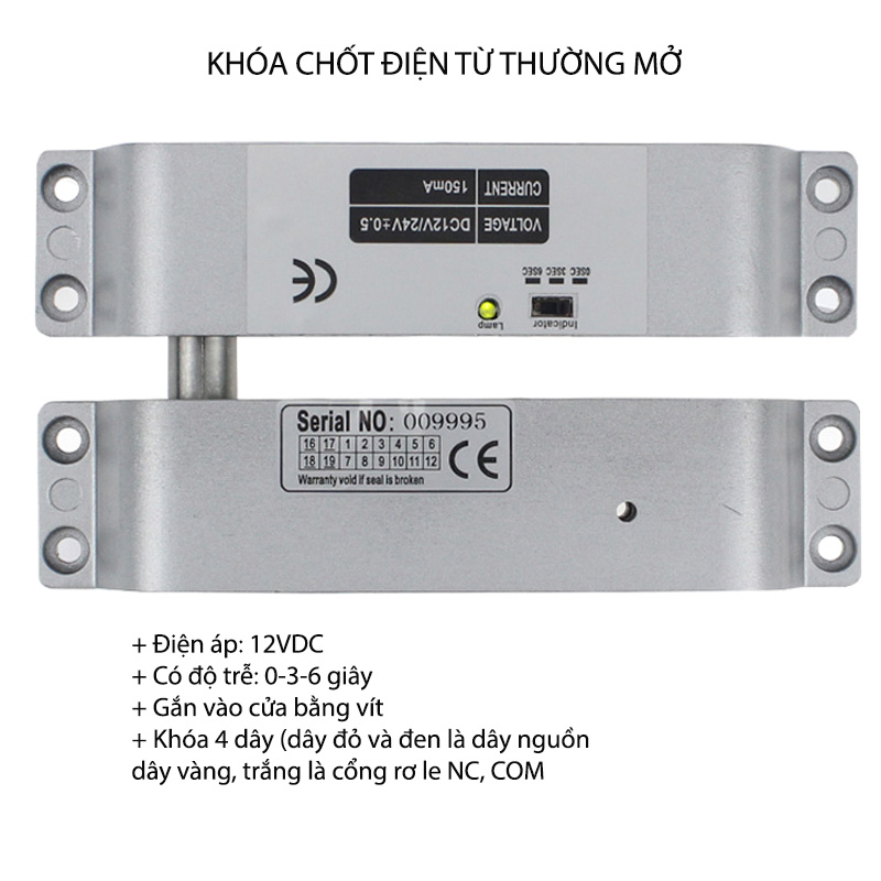 Khóa chốt cửa điện từ gắn nổi, loại thường đóng 12VDC (chỉ khi có điện mới mở được) độ trễ 0-3-6 giây