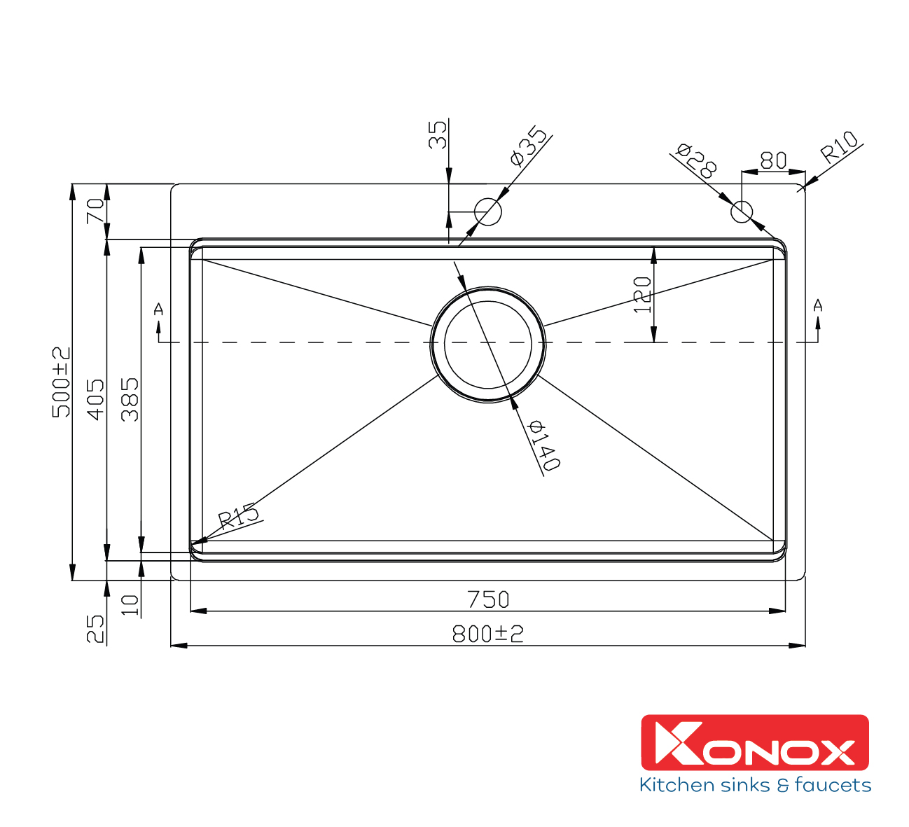 Chậu rửa bát inox Konox, Topmount Series, Model KN8050TS, inox 304 AISI tiêu chuẩn châu Âu, Hạ bậc tích hợp, 800x500x228(mm), Hàng chính hãng