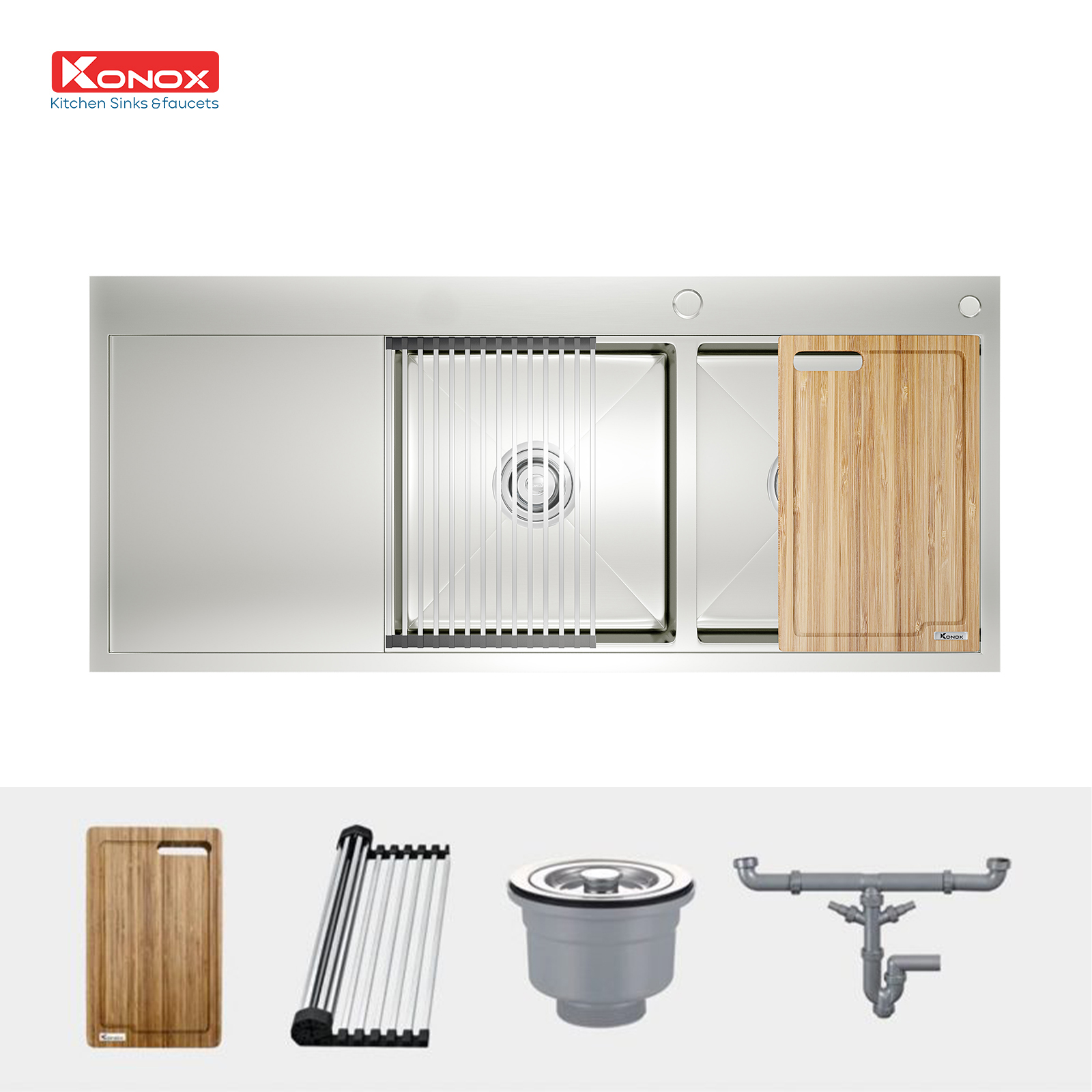 Chậu rửa bát inox Konox, Topmount Series, Model KN11650TD - Bàn Trái, Inox 304AISI tiêu chuẩn Châu Âu, Hạ Bậc tích hợp, 1160x550x220mm, Bảo hành chính hãng 10 năm