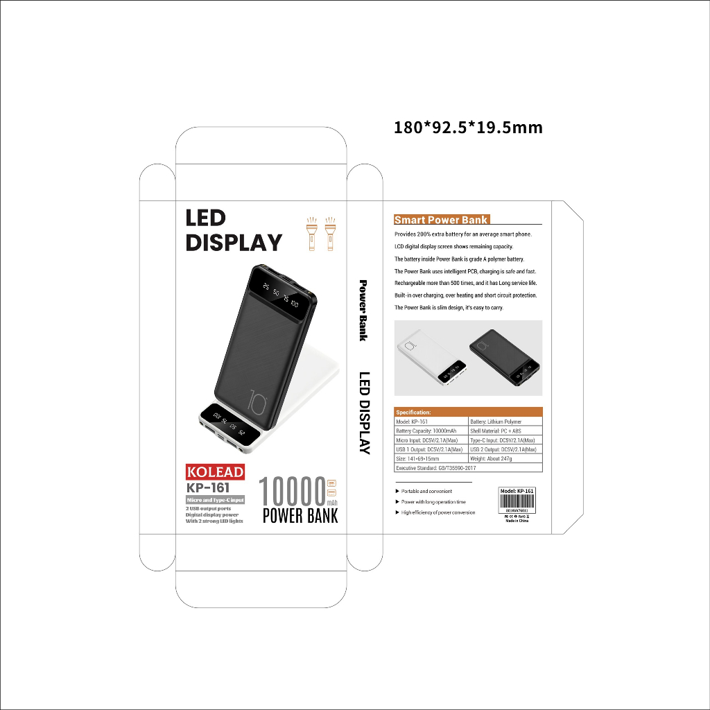 Pin sạc dự phòng tích hợp đèn pin siêu sáng KOLEAD KP161 10000mAh có màn hình LED hiển thị pin, nhỏ gọn - HÀNG CHÍNH HÃNG