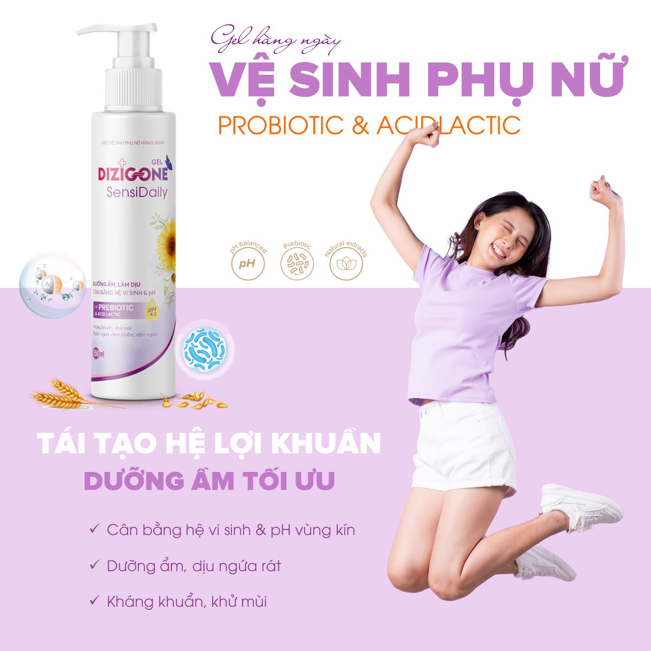 Gel vệ sinh phụ nữ DIZIGONE Sensidaily 150ml: Kháng khuẩn, làm mềm dịu, cân bằng hệ vi sinh & pH