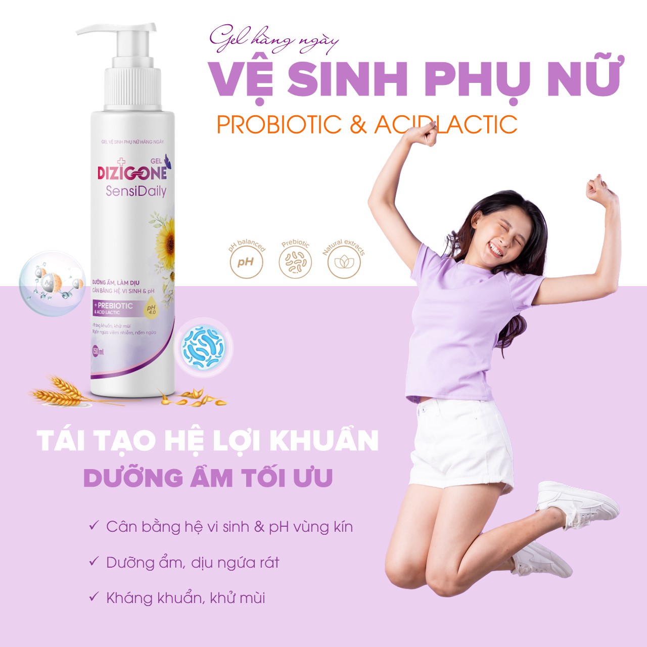 Gel vệ sinh phụ nữ DIZIGONE Sensidaily 150ml: Kháng khuẩn, làm mềm dịu, cân bằng hệ vi sinh &amp; pH