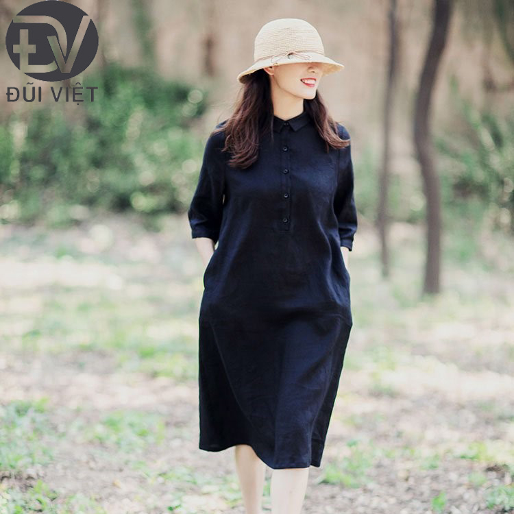 Hình ảnh Đầm Sơ Mi Tay Ngắn Thắt Eo Thời Trang Cho Nữ Phong Cách Công Sở Đũi Việt