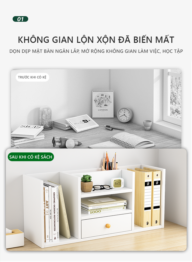 Kệ sách gỗ để bàn đa năng có hộc để đồ thương hiệu IGA - GP258