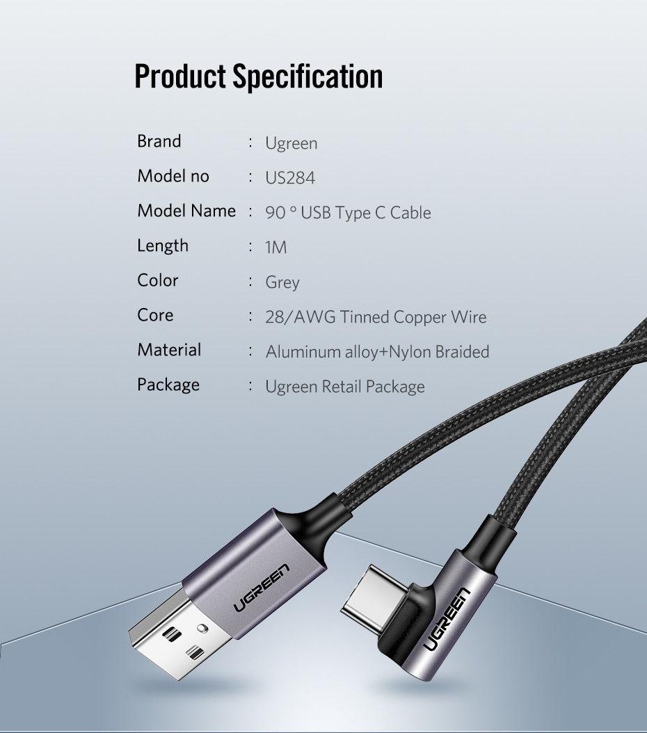 Ugreen UG50941US284TK 1M Dây USB Type-A sang USBType-C vuông góc - HÀNG CHÍNH HÃNG