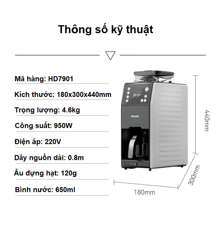 [HÀNG NHẬP KHẨU] Máy pha cà phê Drip xay và pha tự động, thương hiệu Hà Lan cao cấp Philips - HD7901/10