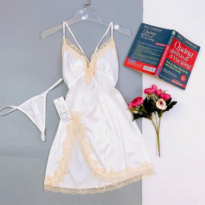 Váy ngủ sexy form ngắn ren ngực xẻ hông hở lưng màu trắng quyến rũ