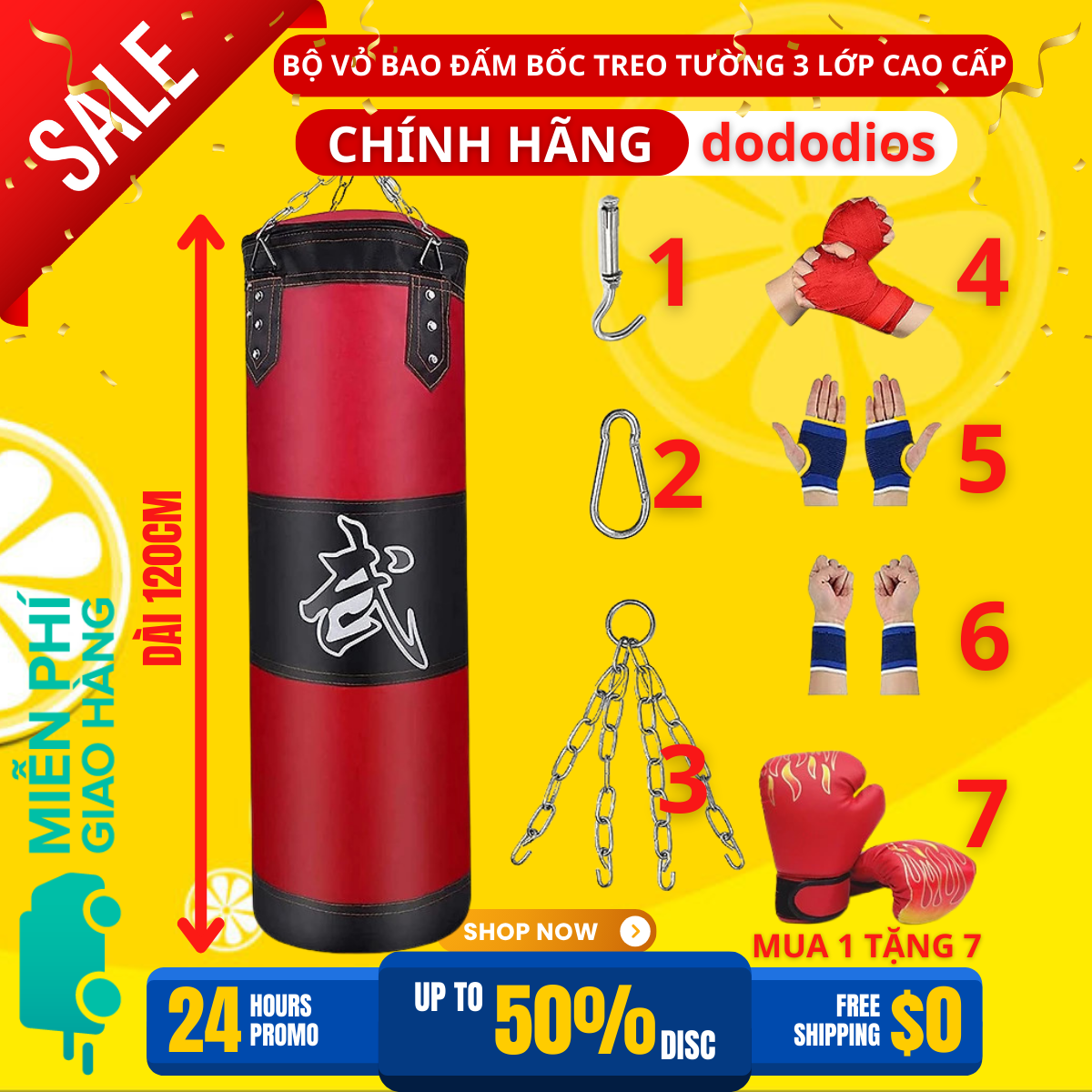 Bộ Vỏ Bao Đấm Bốc Treo Tường 3 Lớp Cao Cấp Chọn Size - Mua 1 Tặng 7 Phụ Kiện Tập Luyện Siêu Bền Tập Boxing, Tập Mma Dây Quấn Dài Chính Hãng Dododios - Dài 120Cm