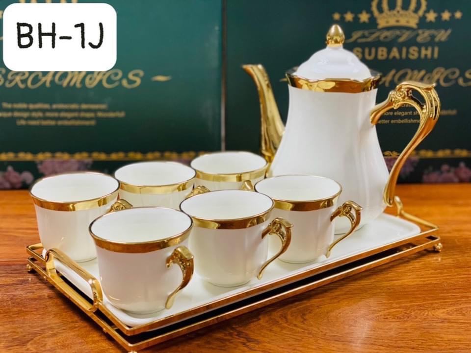 BỘ ẤM CHÉN KÈM KHAY SỨ PHA TRÀ CÀ PHÊ VIỀN VÀNG PHONG CÁCH CHÂU ÂU SANG TRỌNG