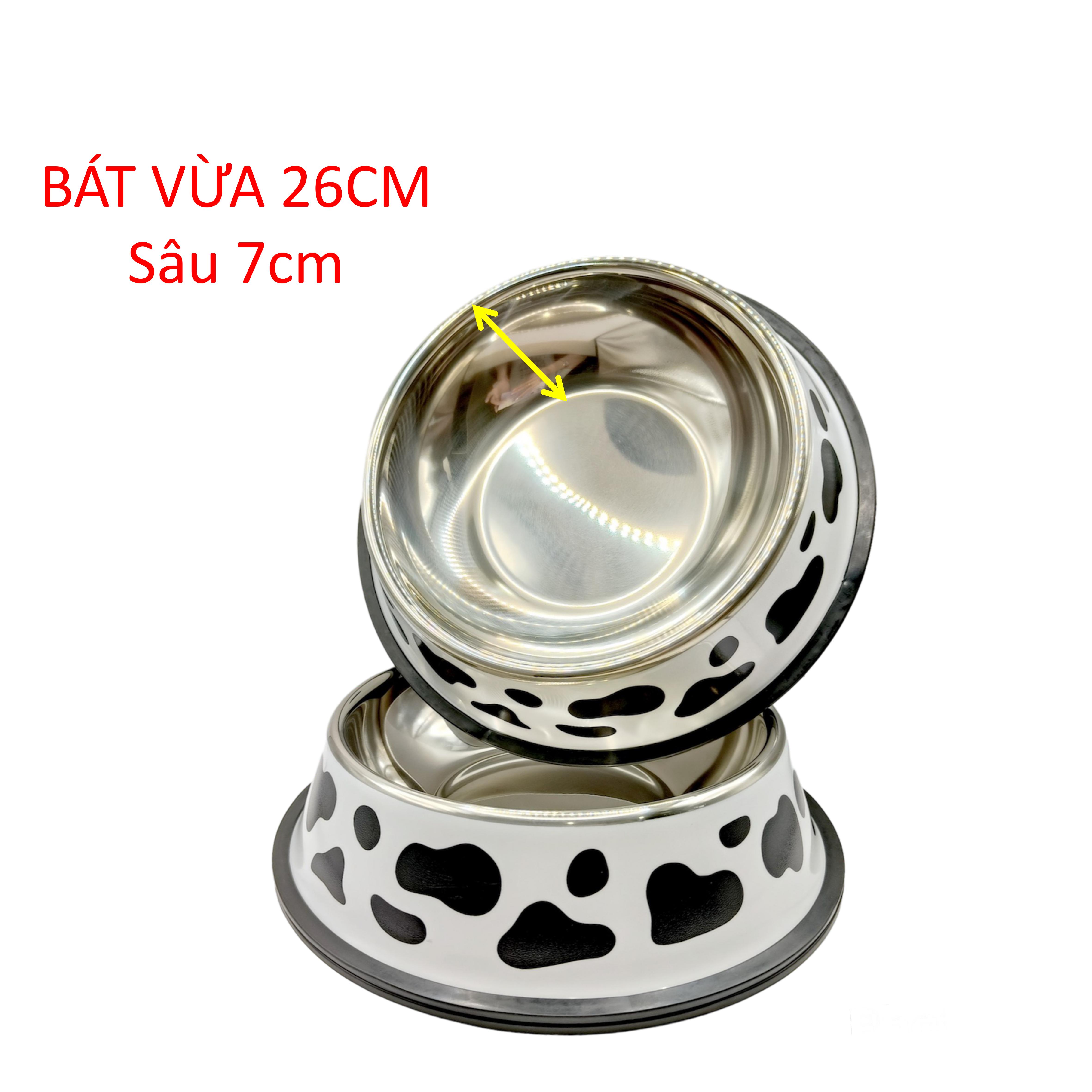 Bát ăn thú cưng, bát ăn chó mèo hình bò sữa, chất liệu inox an toàn sử dụng cho vật nuôi. Bát có 3 kích thước 18cm, 26cm, 34cm. Bát ăn size vừa 26cm