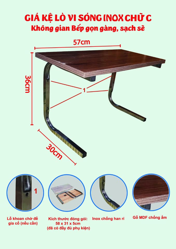 Kệ lò vi sóng kiểu chữ C chân inox không rỉ tặng kèm dụng cụ lót nồi, rửa bát silicol tiện lợi