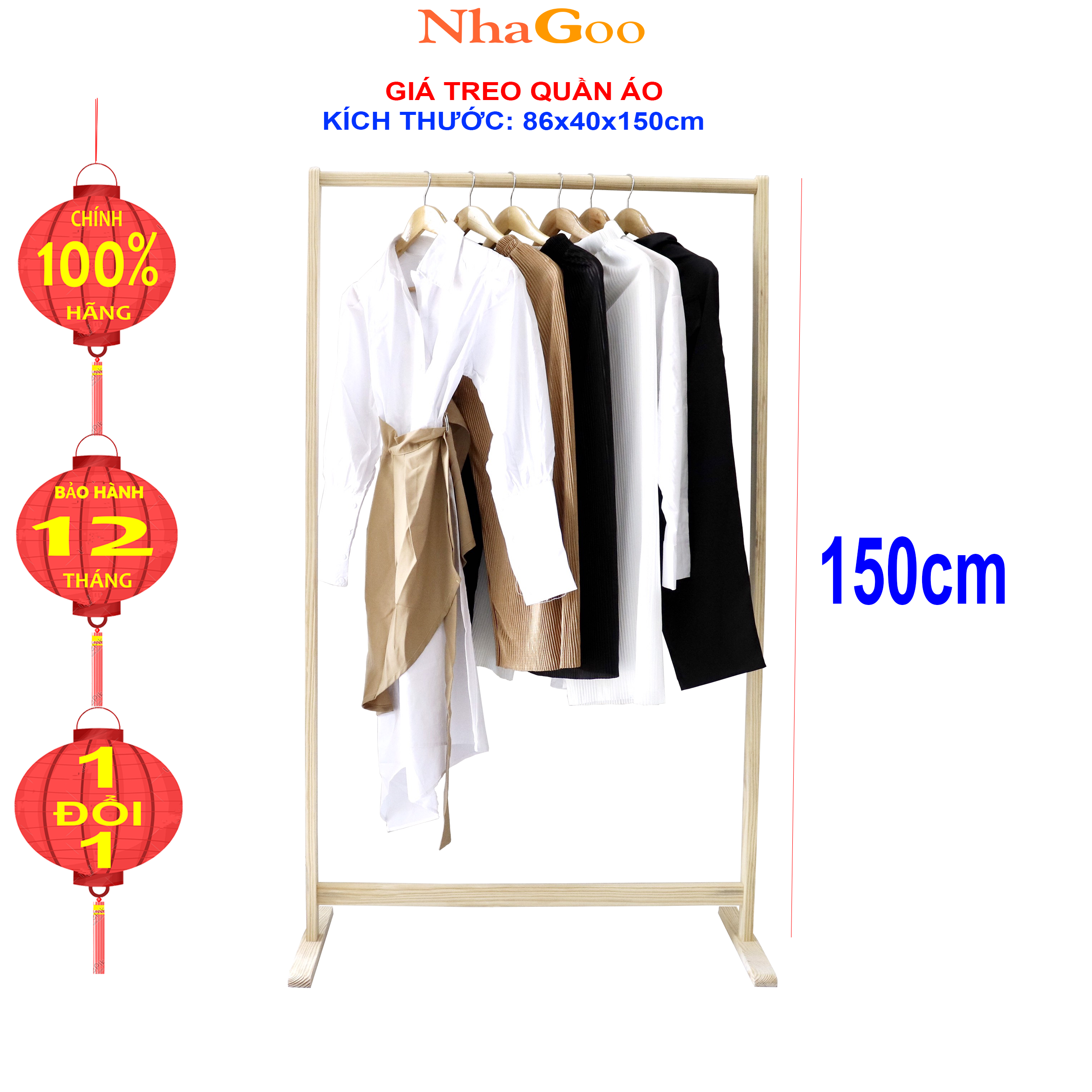 Giá Treo Quần Áo Gỗ Thanh Đơn NHAGOO Cao 150cm