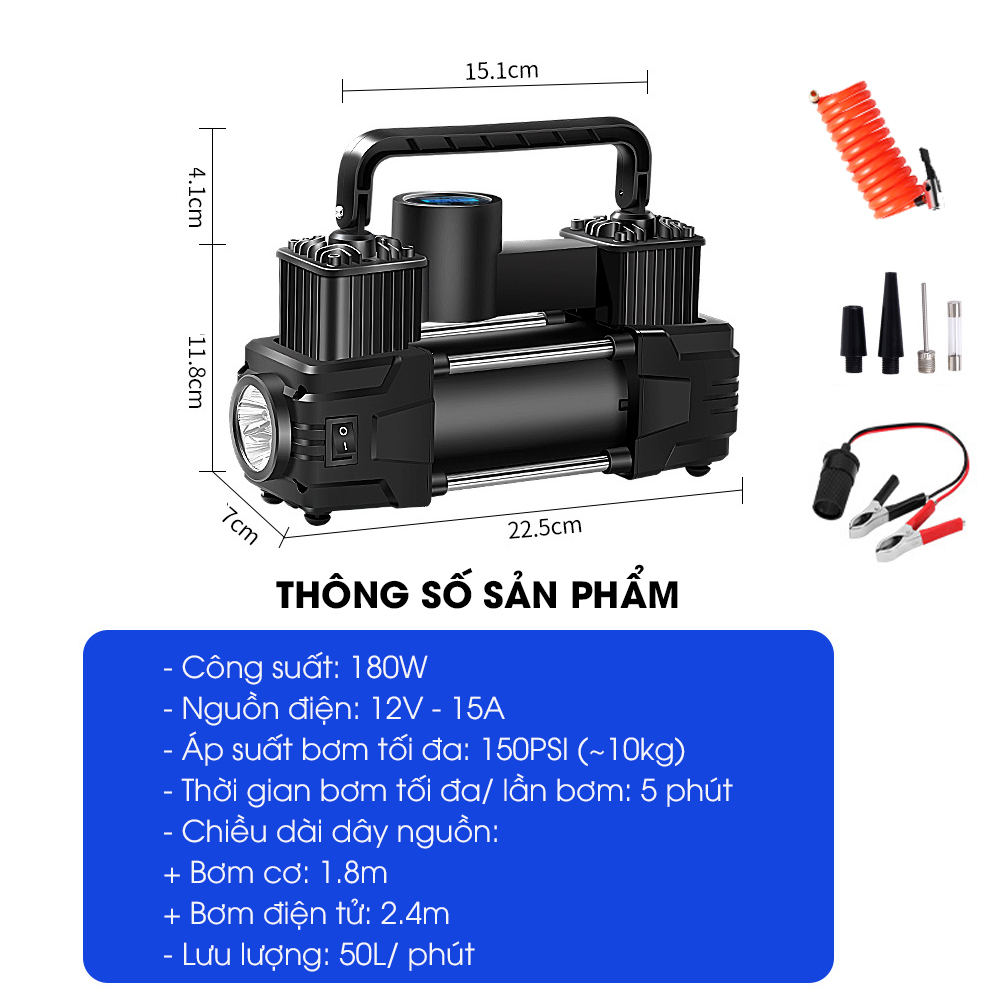 Máy bơm lốp ô tô 2 xi lanh 12V điện tử màn hình LED, máy bơm lốp xe ô tô tự ngắt công suất lớn, máy bơm ô tô Tâm Luân