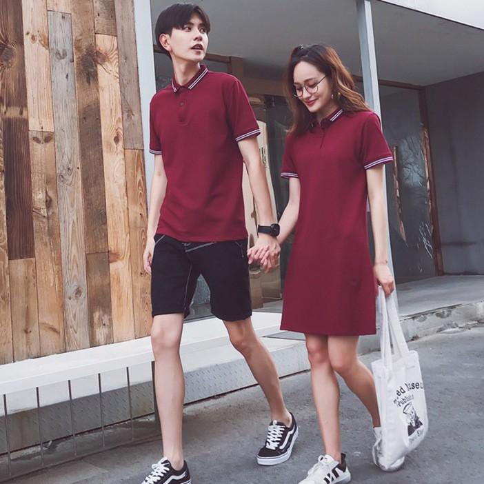 Áo đôi nam nữ ️FREESHIP️ Set áo thun nam ngắn tay kèm váy nữ màu đỏ du lịch chụp hình đẹp