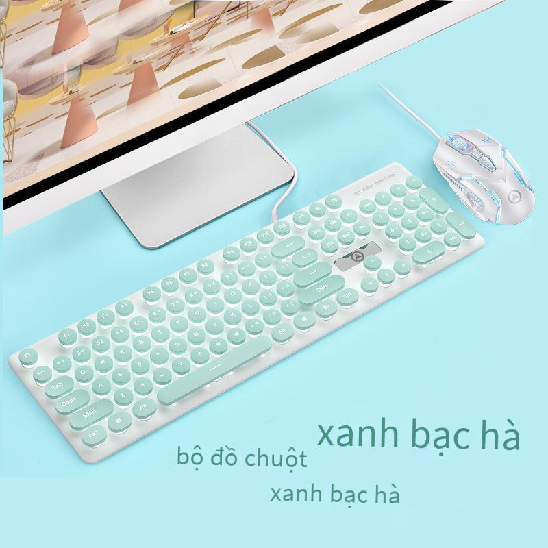 Phong cách mới nhất V8 cơ tay cảm giác bàn phím chuột tai nghe tắt tiếng có dây cô gái văn phòng dễ thương gõ phím trò chơi thể thao điện tử