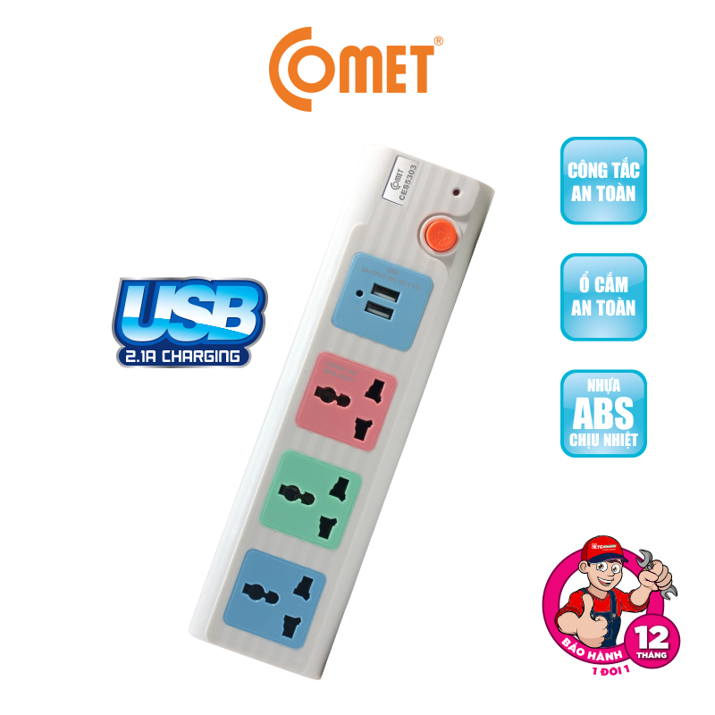 Ổ Cắm Điện Nối Dài COMET CES5303 2500W Dây 3M, 3 Ổ Cắm 3 Chấu, 2 Cổng Sạc USB