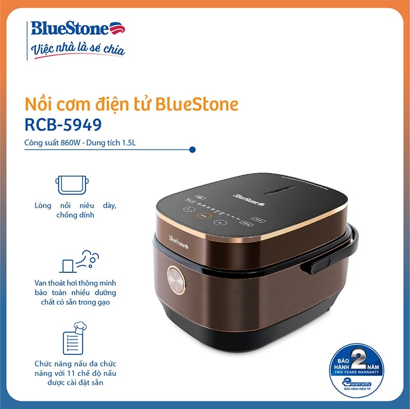 Nồi Cơm Điện Tử Bluestone RCB-5949 , Lòng Nồi Niêu 1.5Lit - 860W - Hàng Chính Hãng