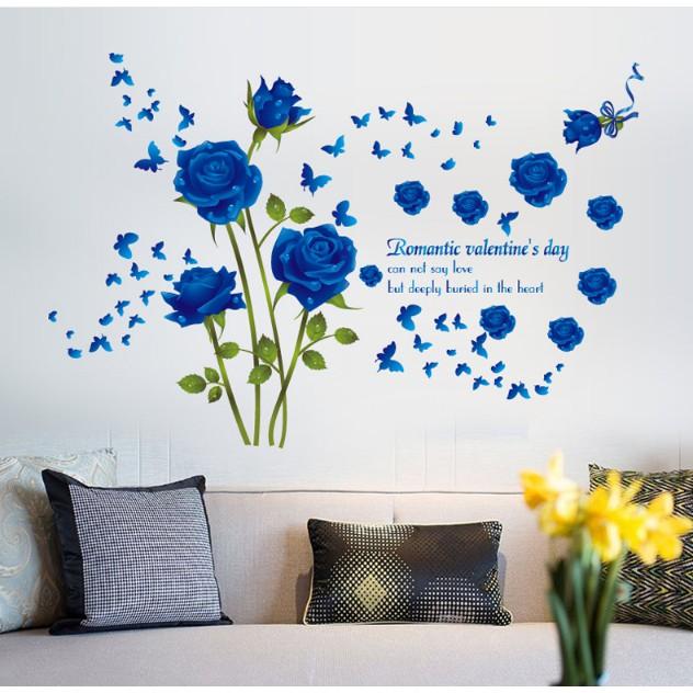 Decal trang trí tường - Hoa Hồng Xanh Biển đậm xinh lung linh