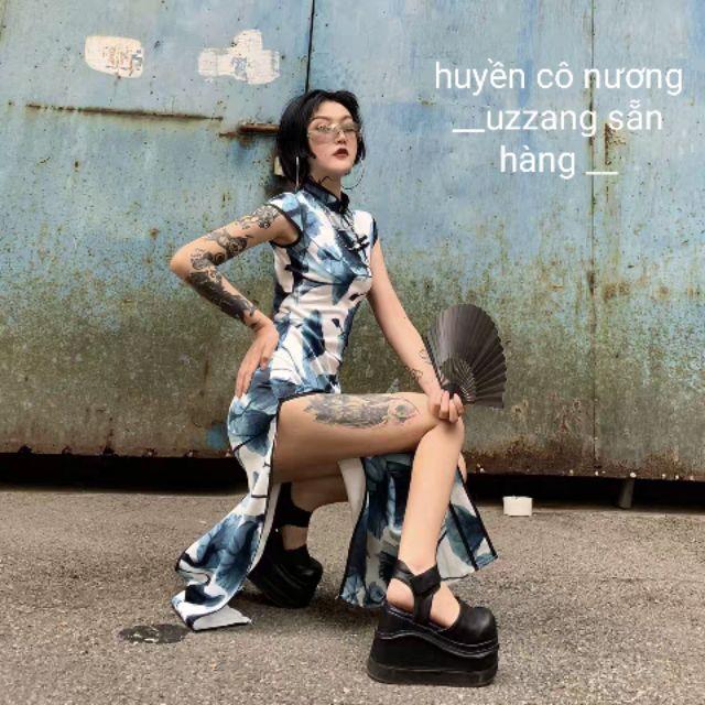 Đầm sườn xám dài xẻ cao ôm body dự tiệc đi chơi quyến rũ nữ tính hoa trà to trung hoa