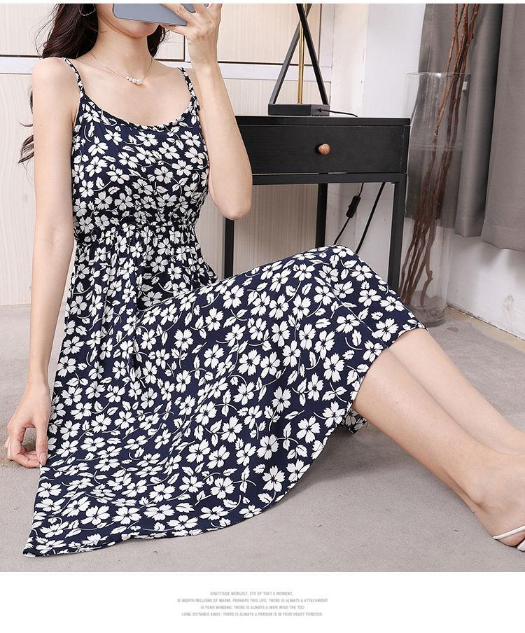 DONGSHOP Mùa hè 2023 Hàn Quốc phiên bản có thể điều chỉnh treo vest đầm mỏng mỏng trung bình dài hoa bãi biển váy
