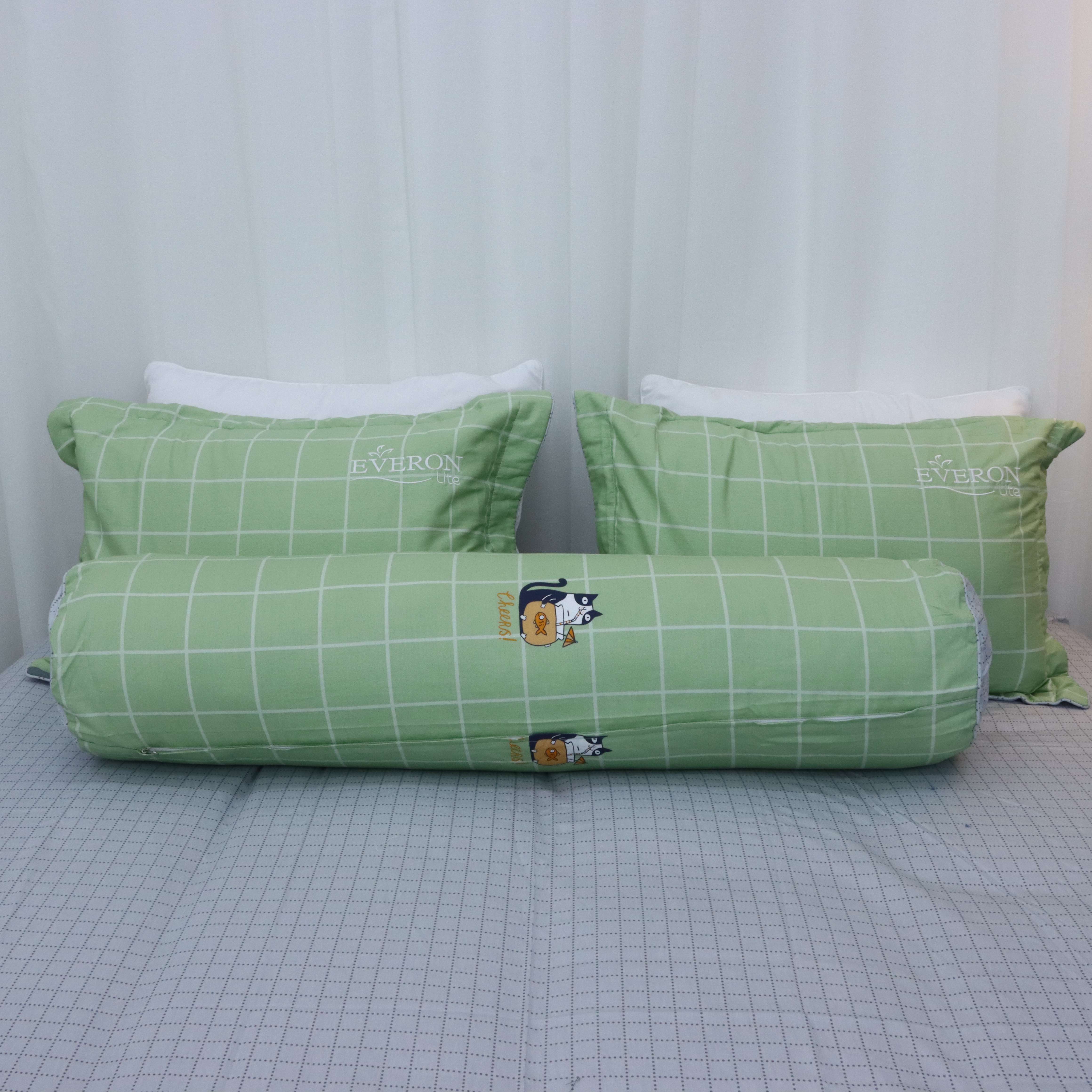 Bộ ga giường Everon Lite ELCP 203  Cotton Xanh phối xám (4 món) - 160x200cm