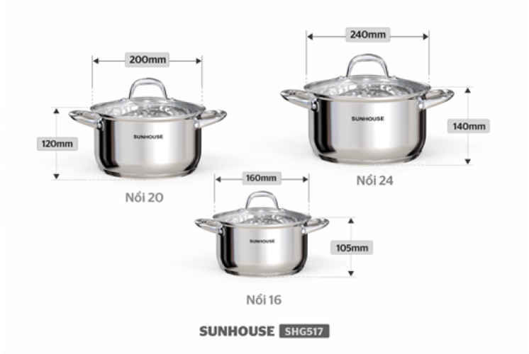 Bộ nồi inox 5 đáy Sunhouse SHG517 - hàng chính hãng