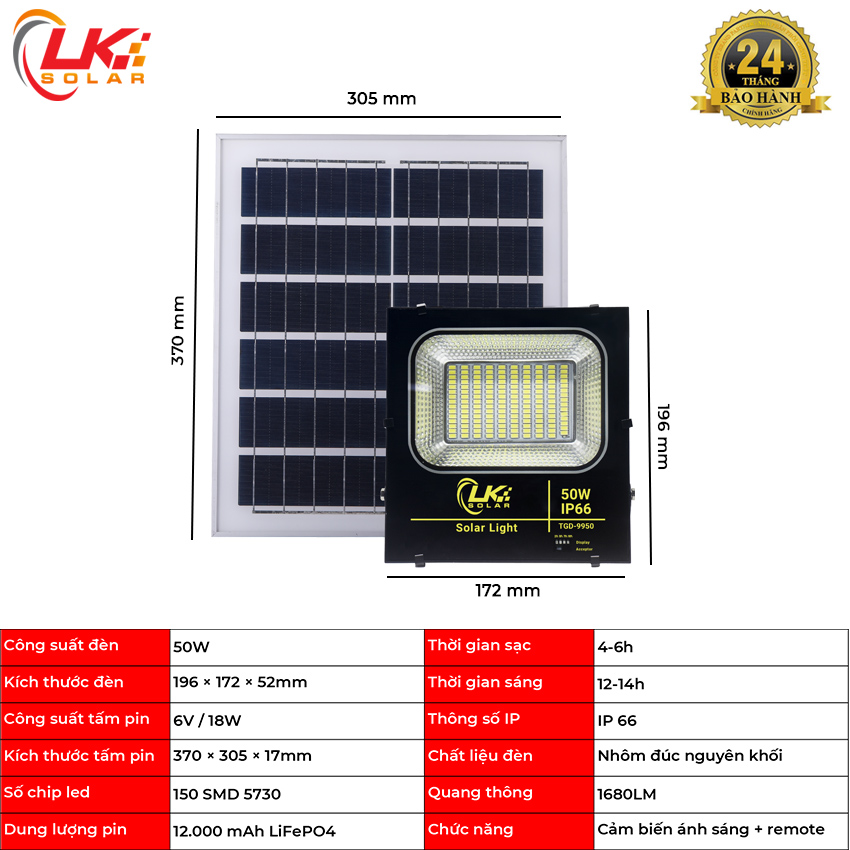 Đèn Led Năng Lượng Mặt Trời Siêu Sáng 50W CHÍNH HÃNG- LK SOLAR TGD-9950, Sử dụng 100% năng lượng mặt trời, dễ dàng lắp đặt ngoài sân vườn, trong nhà, nhà xưởng, trang trại, cảm biến ánh sáng, có remote điều khiển từ xa