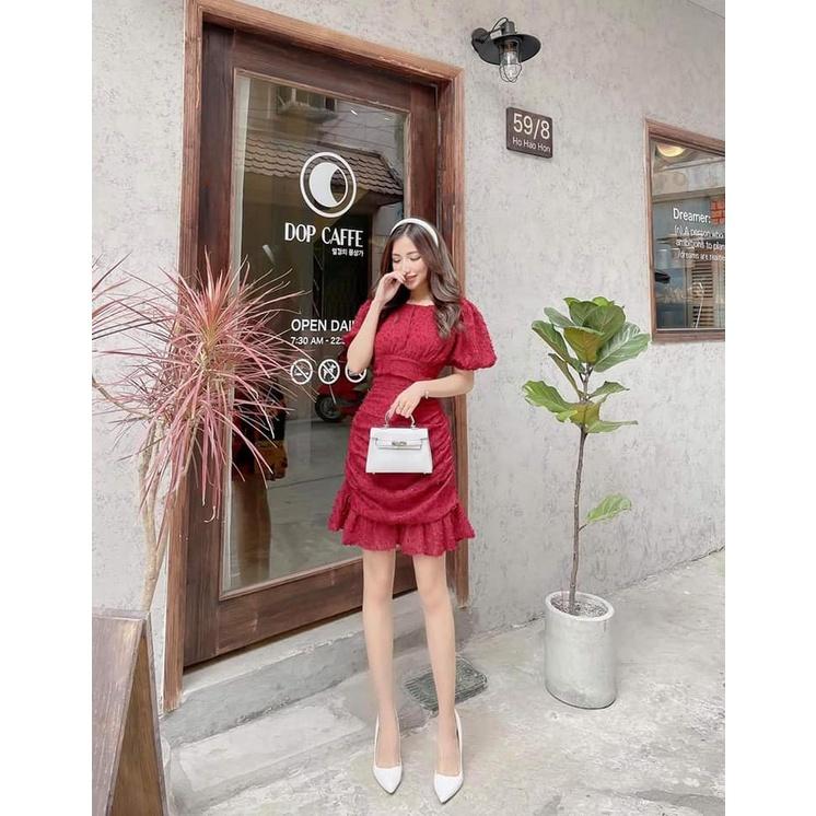 Đầm nhún hông tay phồng voan lông vũ cực sang chảnh có 2 màu