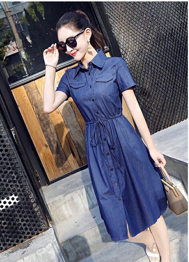 ĐẦM JEAN XOÈ EO DÂY RÚT - Hàng Jean Xuất Khẩu