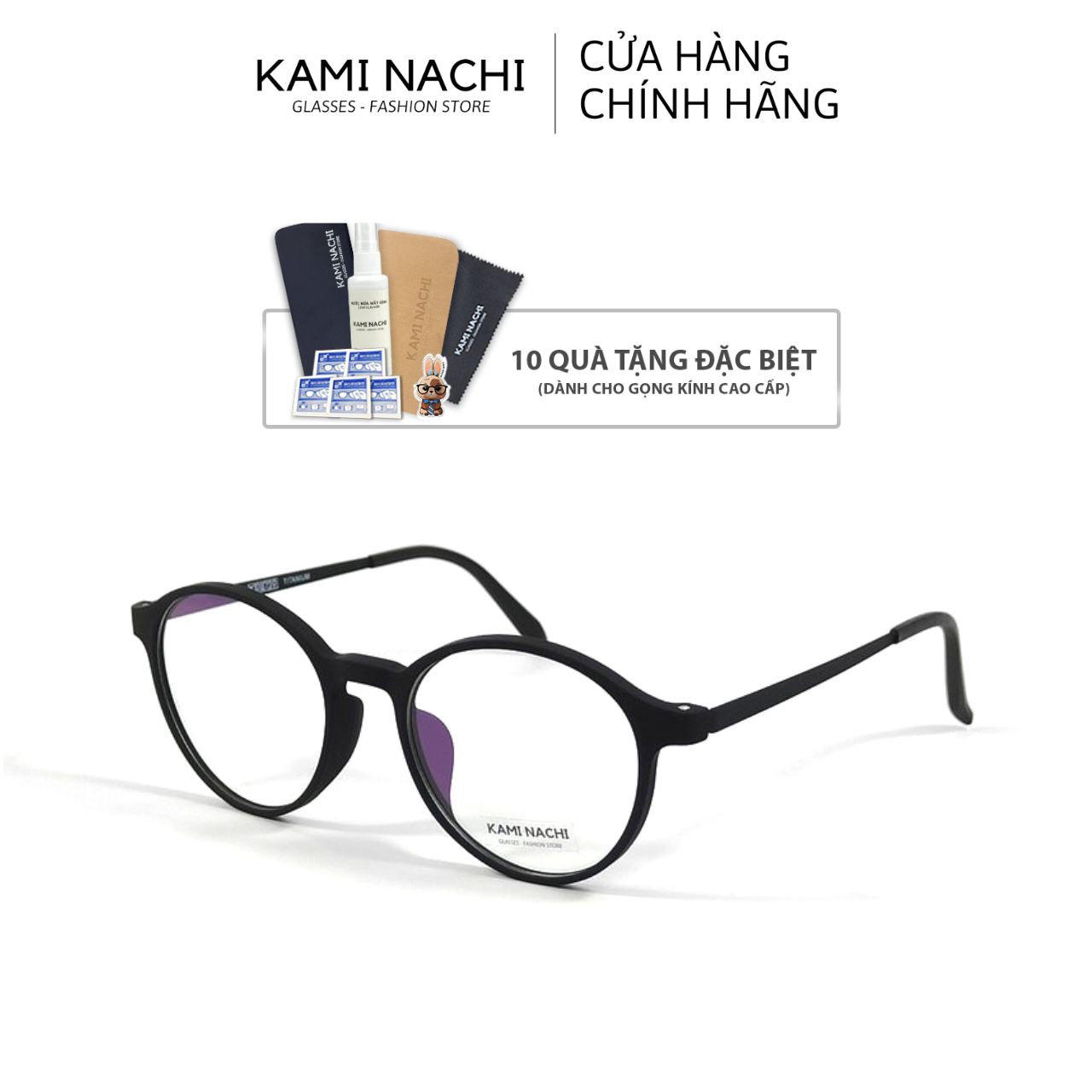 Gọng kính Titanium đen nhám dáng tròn thanh mảnh KAMI NACHI phong cách tối giản Freesize