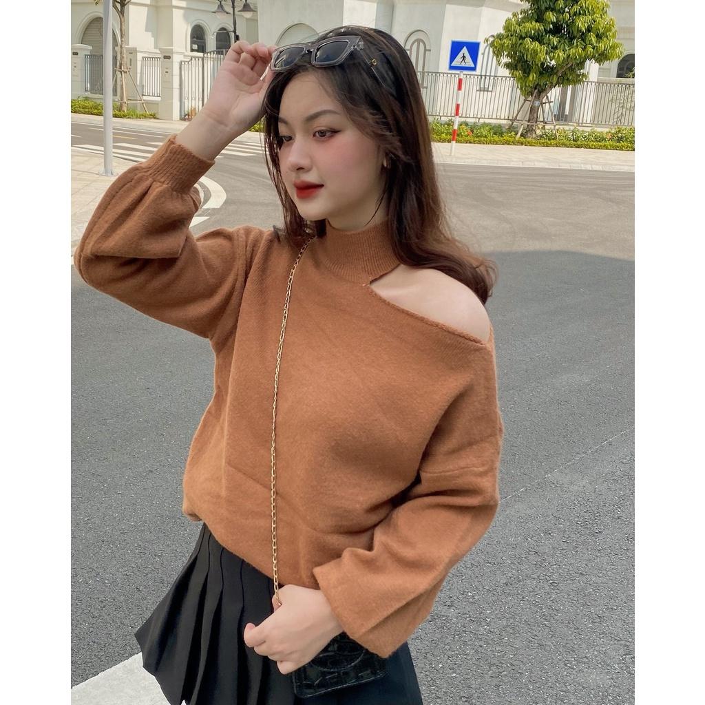 Áo len mịn XẺ VAI form rộng, áo len giấu quần lệch vai ulzzang - Made by Fiin