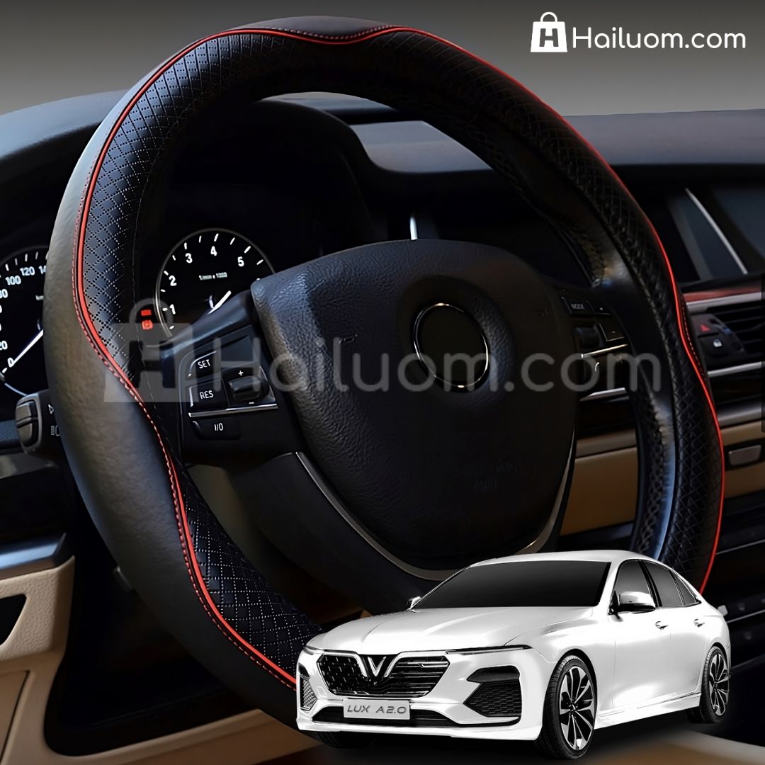 Bọc Vô Lăng ô tô cho VINFAST LUX A2.0 Da Thật Cao Cấp - Màu Đen Chỉ Đỏ