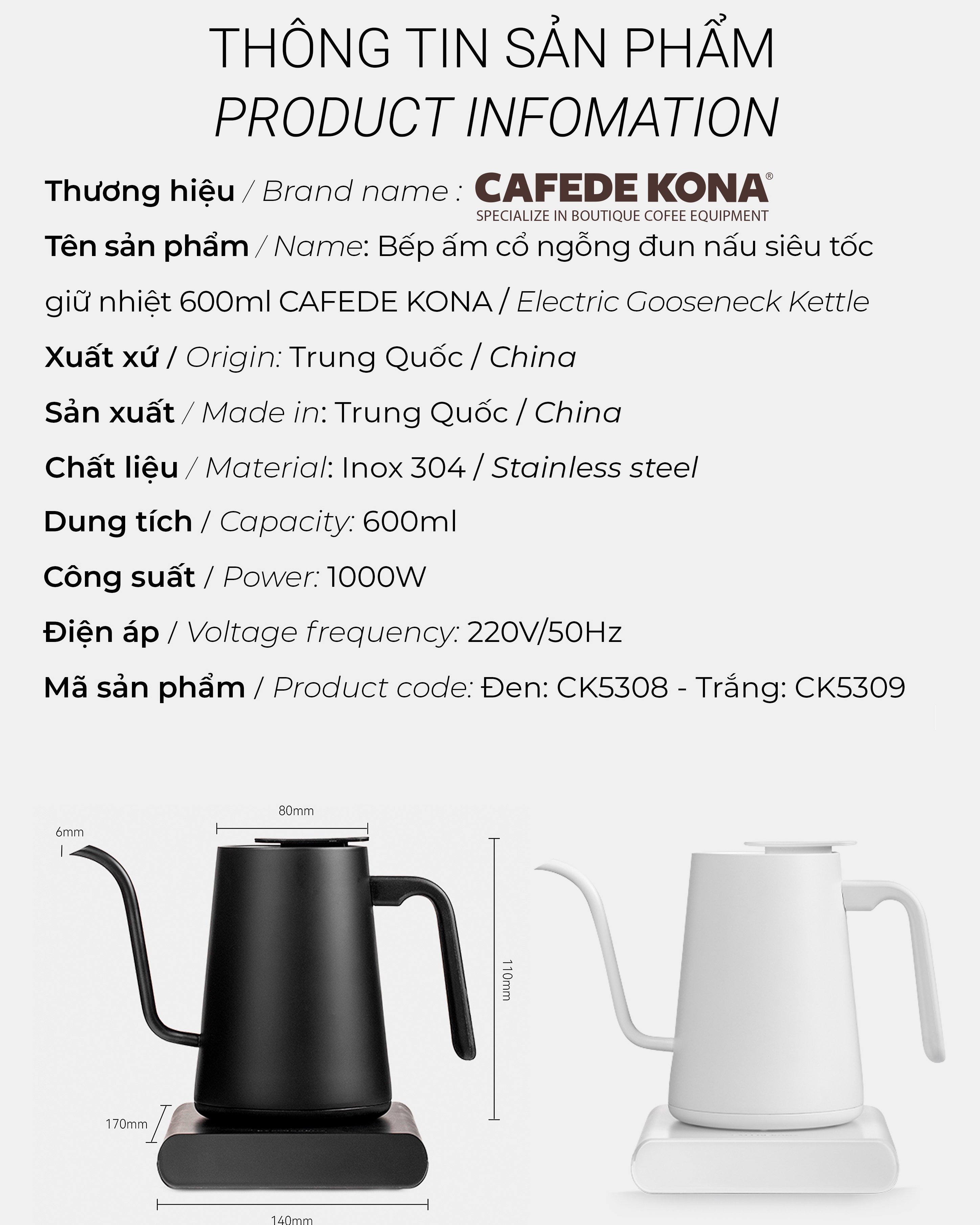 Bếp ấm cổ ngỗng đun nấu siêu tốc giữ nhiệt 600ml CAFE DE KONA