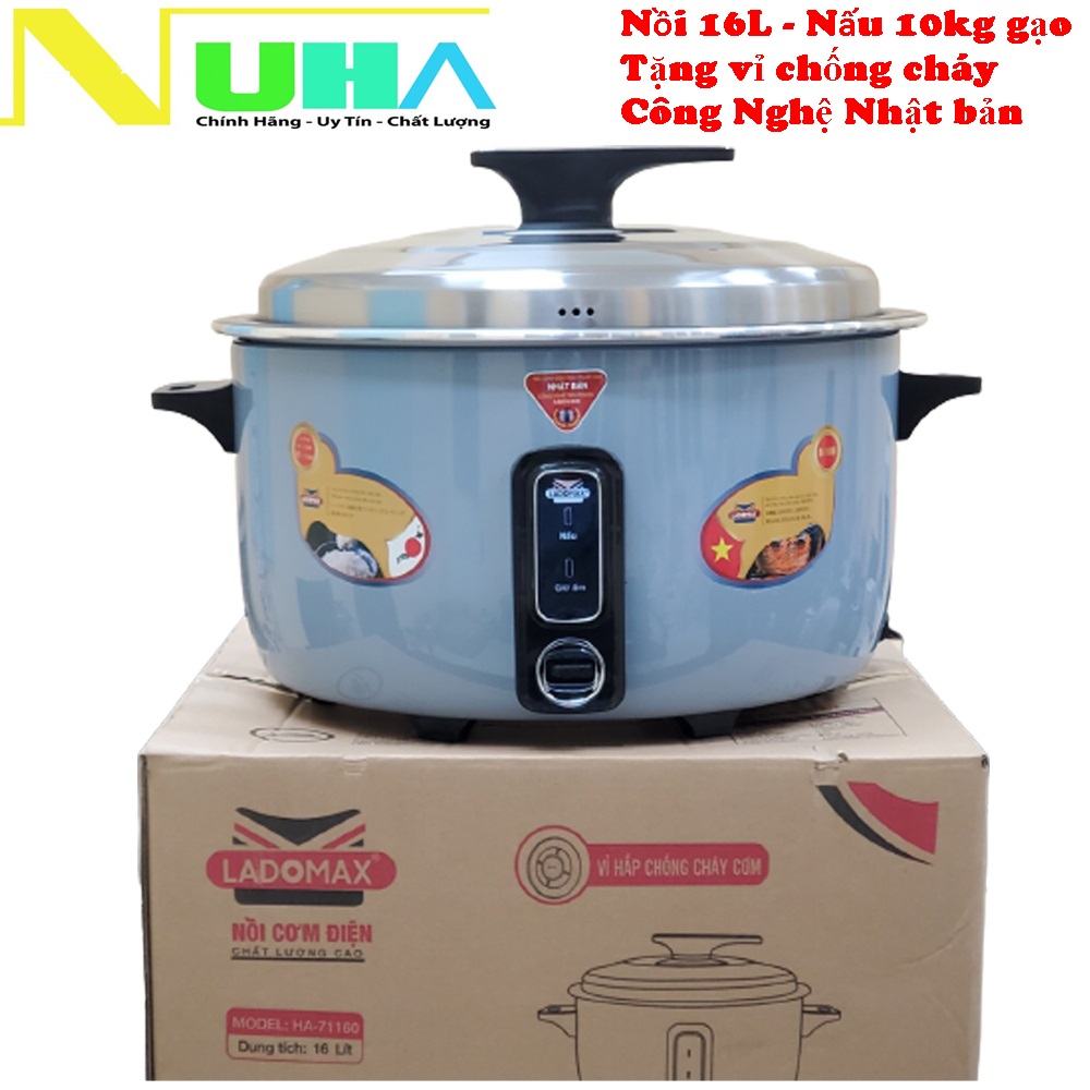 Nồi cơm điện công nghiệp chống cháy cơm 16Lit Ladomax Nhật HA-71160, mâm nhiệt oxi hóa cứng chống teo mâm-Hàng chính hãng