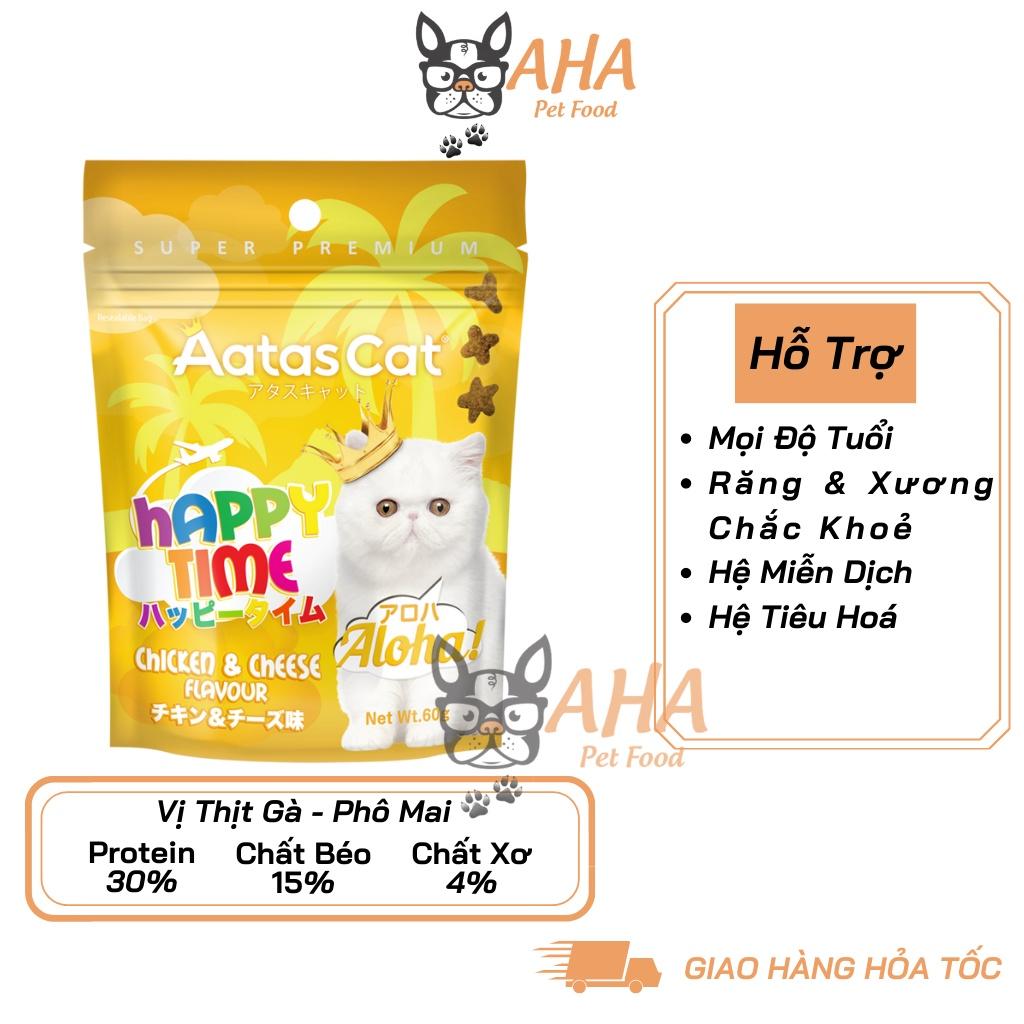 bánh thưởng cho mèo Aatas Cat 1 Bao 60g - Snack Happy Time cho mèo có 4 vị Cá Hồi, Cá Ngừ, Thịt Gà, Hải Sâm, Phô Mai