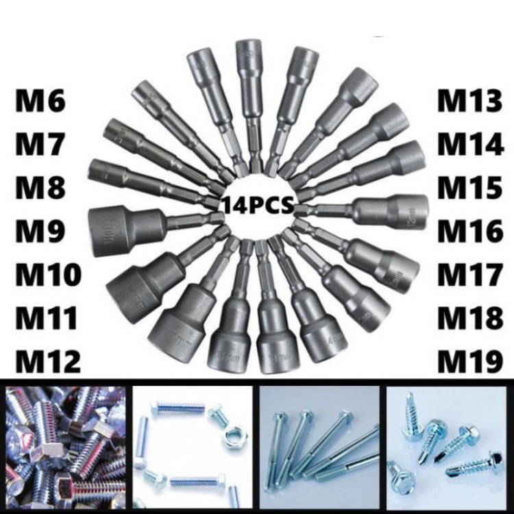 Bộ phụ kiện 14 cây vặn ốc luc giác dài 7 cm , 6,7,8,9,10,11,12,13,14,15,16,17,18,19 MM. thép công nghiệp ,có nam châm đầu khẩu 1/4 phù hợp nhiều loại máy vặn ốc cle.máy vặn vít dùng pin